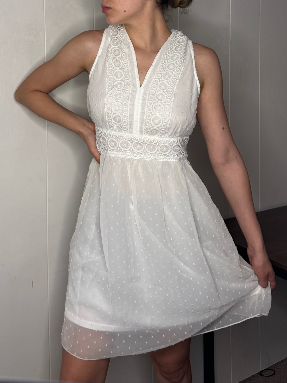 White Swiss Dot Dress with Crochet Waist & Neckline Trim